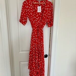 Ganni Red High Low Puff Sleeve Sundress